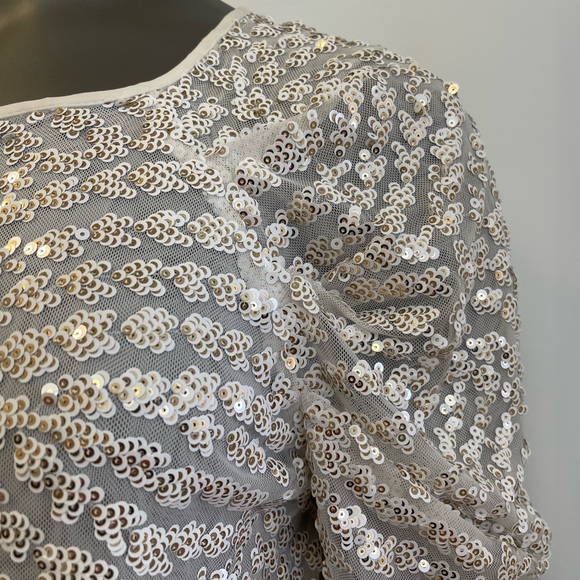 Express Top Women’s M Ivory Sequin Blouse Puff Sleeve Sheer Gold Square Neck - Picture 6 of 11